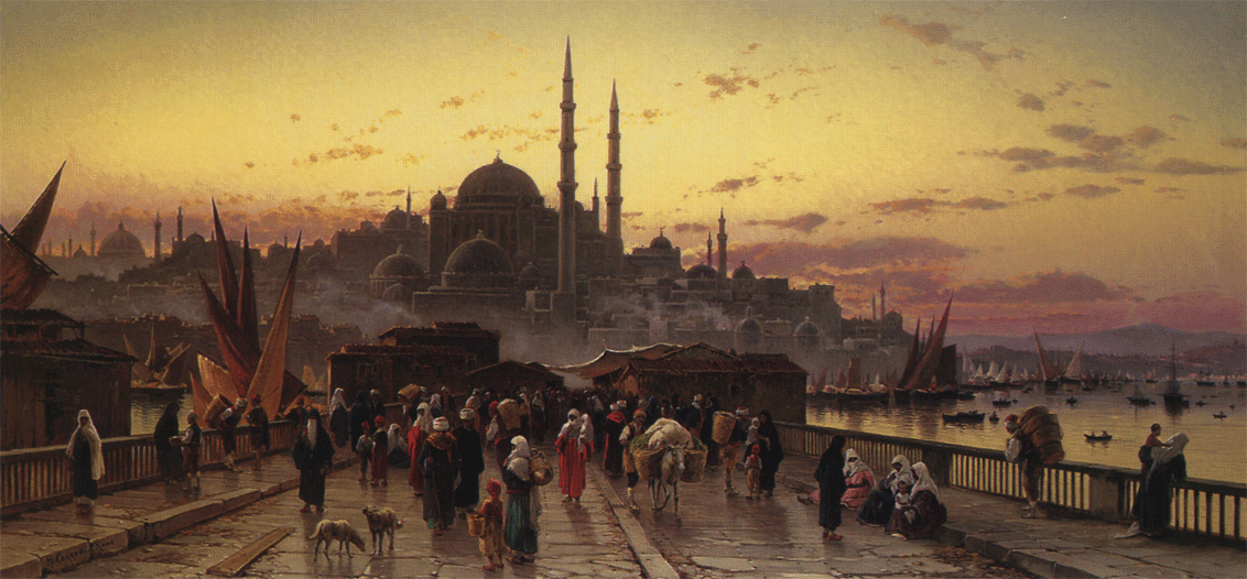 Dusk on the Galata Bridge and the Yeni Valide Djami, Constantinople